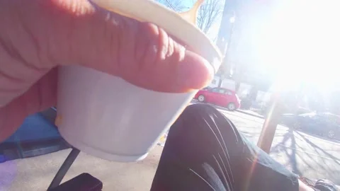 Downtown Atlanta Ga Man eats soup while relaxing at a restaurant downtown Stock Footage 147571103