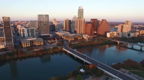 Downtown Austin Sunset Static Shot Aerial Stock Footage 57934974