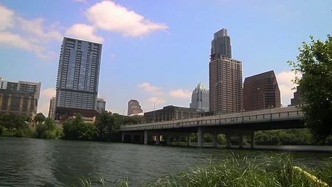Downtown Austin Texas - pan from skyline to auditorium shores Stock Footage 82886487