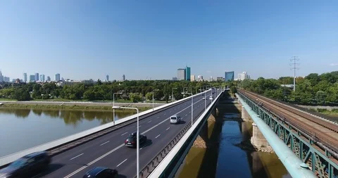 Downtown In Background, Bridge In Foreground. Flying Over River Between Bridges Stock Footage 93343562
