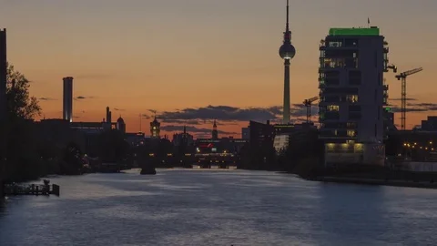 Downtown Berlin from Oberbaum Bridge Sunset Timelapse Stock Footage 78218300