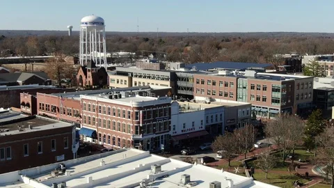 Downtown Blocks and Water Tower Seen From Above in Bentonville Stock-Footage 121111992