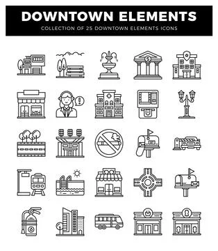 Downtown building and city elements icons collection 스톡 일러스트