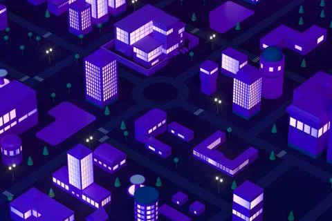 Downtown building at night, simulation city, 3d rendering. Stock Illustration