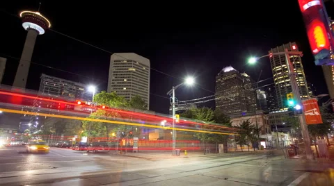 Downtown Calgary Canada City Lights at Night, Time Lapse Stock Footage