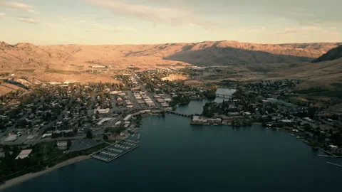 Downtown Chelan Sunset Aerial Flying Over Lake Water Stock Footage