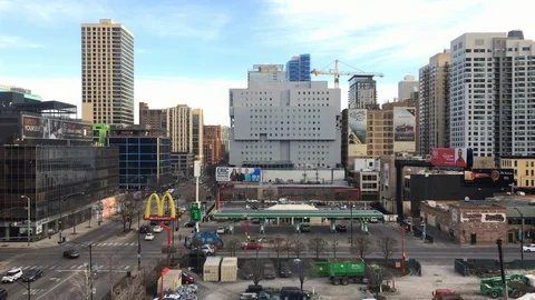 Downtown Chicago construction area and Mcdonalds sign 4k Video stock 101535097