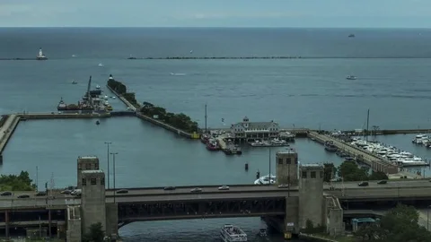 Downtown Chicago Navy Pier and DuSable Harbor; Day to Night Time Lapse Stock Footage 78954853