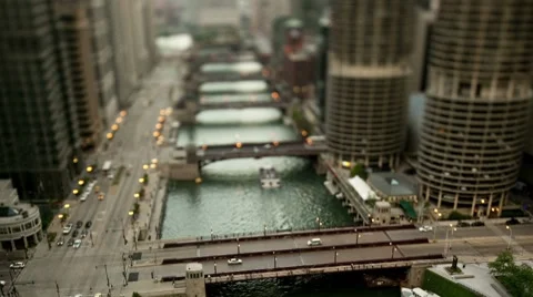 Downtown Chicago River - Tilt Shift Stock Footage 8551130