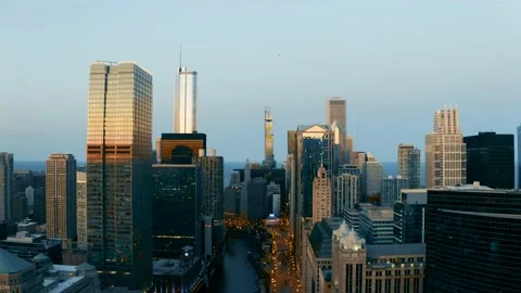 Downtown Chicago Skyline During George Floyd Protests, Aerial View Stock Footage 131458005
