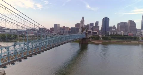 Downtown Cincinnati, Ohio skyline, over the suspension bridge Stockbeeldmateriaal 249284888