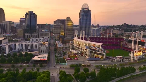 Downtown Cincinnati &amp; Reds Stadium at Sunset Stock Footage 245318133