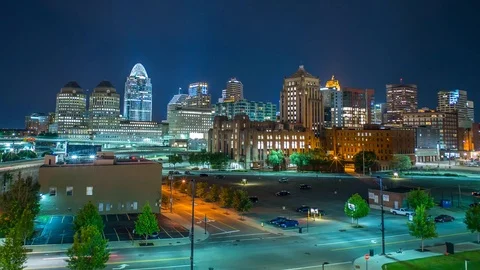Downtown Cincinnati time lapse at night with traffic 4k 1080p Stock Footage 77576035