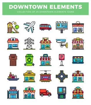 Downtown city element icons with flat vector graphics Stock Illustration