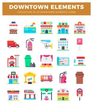 Downtown city element icons. Flat design set with buildings. vehicles. and .. Stock Illustration