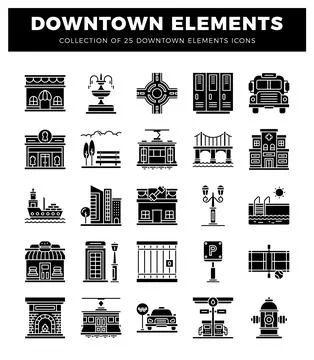 Downtown city element icons in a grid layout on a white background. Stock Illustration