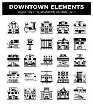 Downtown city element icons in a grid. Stock Illustration