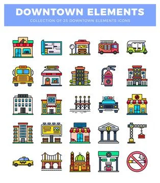 Downtown city element icons including buildings. vehicles. and signage. Ilustración de archivo