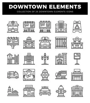 Downtown city elements in black and white outline icons. city objects with .. Stock Illustration