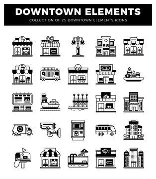 Downtown city elements in a clean icon set Stock Illustration