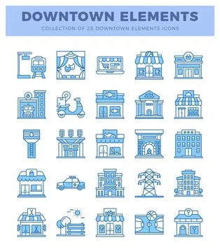 Downtown city elements collection with blue icons 스톡 일러스트