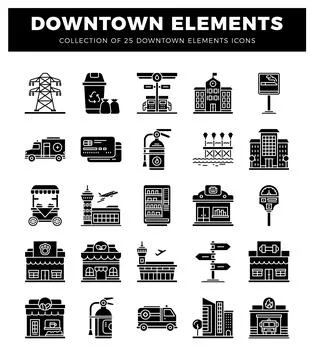 Downtown city elements collection with building icons 스톡 일러스트