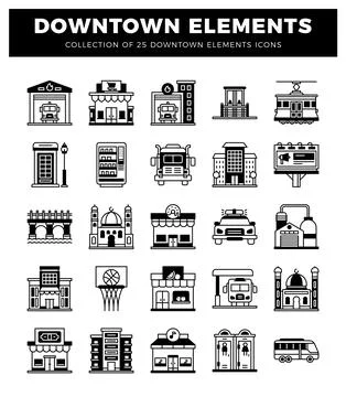 Downtown city elements collection with diverse buildings and vehicles in ur.. Illustrazione stock
