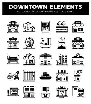 Downtown city elements collection featuring urban buildings. park. and tran.. Illustrazione stock