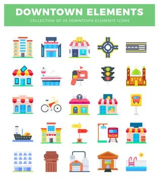 Downtown city elements collection with flat icons. building collection. Stockillustratie