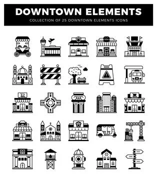 Downtown city elements collection icons Illustrazione stock