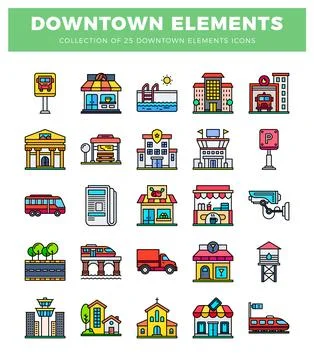 Downtown city elements collection illustration featuring diverse urban buil.. Illustrazione stock