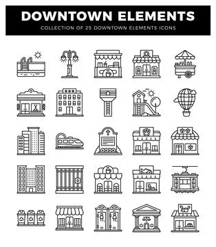 Downtown city elements collection in outline style. Buildings. 库存插图