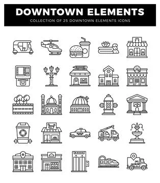 Downtown city elements collection in simple line art icons. Stock Illustration