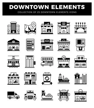 Downtown city elements collection with transportation. buildings. and servi.. Stock Illustration