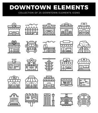 Downtown city elements collection with various icon graphics Stockillustratie