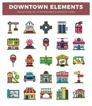 Downtown city elements collection with various icons 库存插图