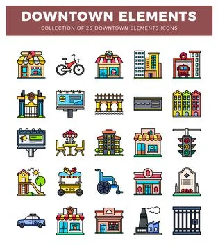 Downtown city elements. colorful flat icons representing urban life and ser.. Ilustración de archivo