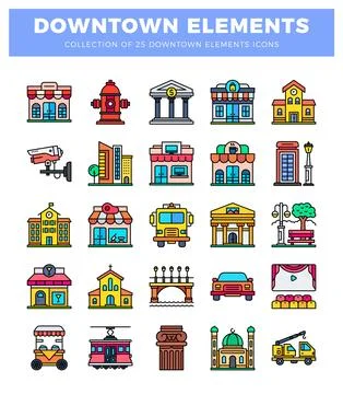 Downtown city elements. flat icon set with buildings and vehicles. isolated.. Illustrazione stock