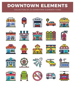 Downtown city elements flat icons collection set イラスト素材
