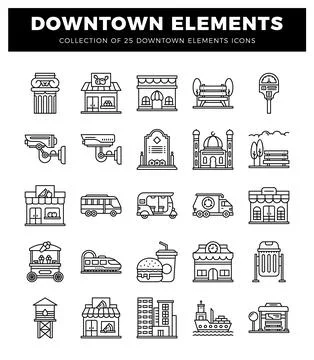 Downtown city elements. flat line art icons on white background Stock Illustration