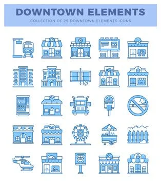 Downtown city elements icons in blue outline. Stockillustratie