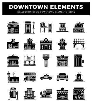Downtown city elements icons collection in black and white for design 스톡 일러스트