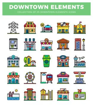 Downtown city elements icons collection. 스톡 일러스트