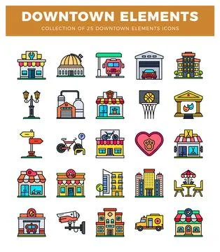 Downtown city elements icons collection with diverse buildings and urban fe.. Stock Illustration