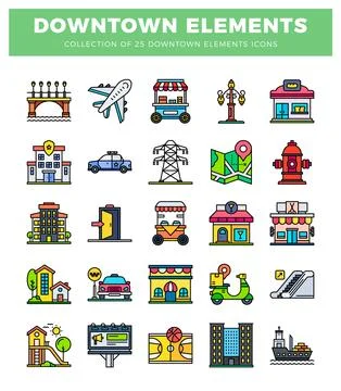 Downtown city elements icons collection. Stock Illustration