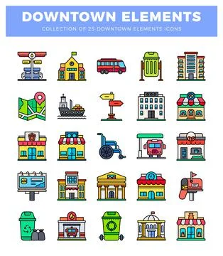 Downtown city elements icons collection 스톡 일러스트