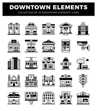 Downtown city elements icons collection. 25 diverse urban symbols in a grap.. Stock Illustration