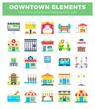 Downtown city elements icons. flat design with vibrant colors. Urban scener.. 库存插图