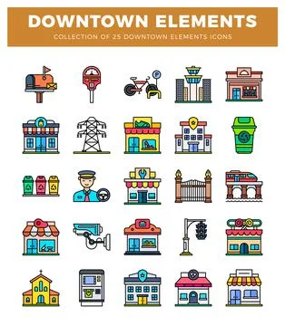 Downtown city elements icons in a flat design with colorful illustrations. 스톡 일러스트
