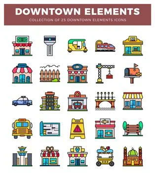Downtown city elements icons in a flat design style. Stock Illustration